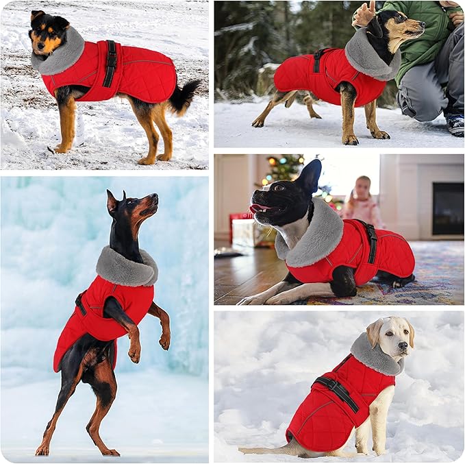 Dog Coat, Waterproof Dog Winter Jacket with Adjustable Buckle, Reflective Turtleneck Pet Snow Vest Warm Fleece Sweater for Small Medium Large Dogs - Red, 3XL
