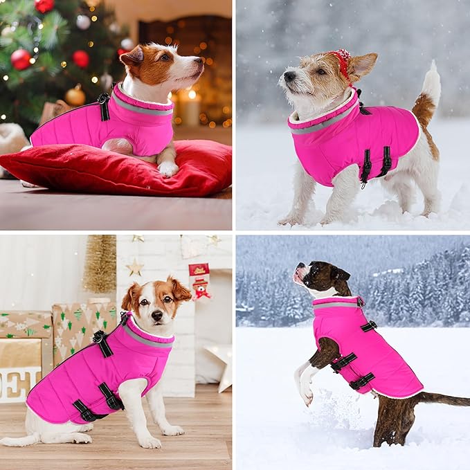 Dogcheer Dog Coat, Waterproof Dog Jacket with Harness, Reflective Adjustable Puppy Winter Coat with Zipper, Christmas Snow Jacket Clothes for Small Medium Large Dogs - Pink 2XL
