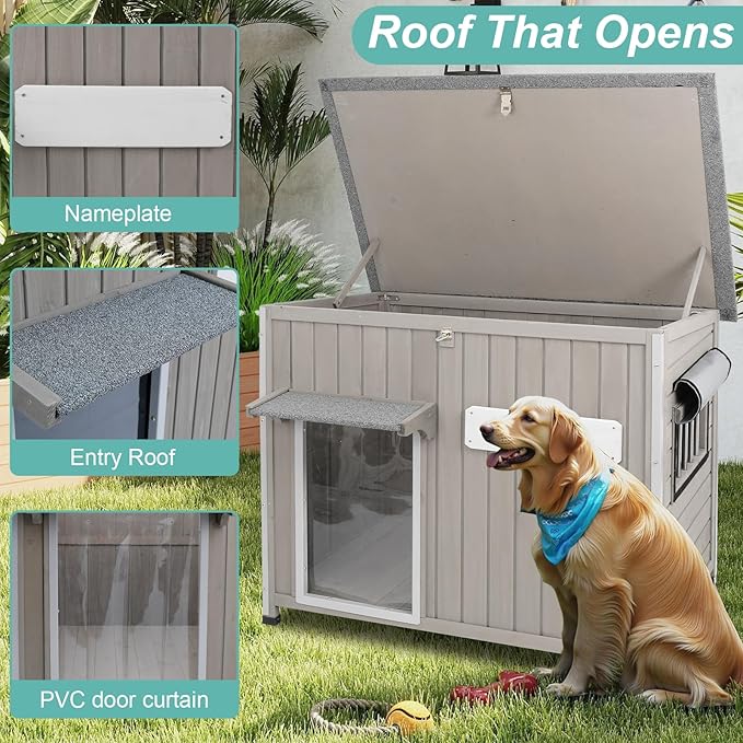 Large Outdoor Dog House Waterproof for Small to Large Dogs, Outdoor Indoor Doghouse Kennel Shelter Weatherproof with Anti-Chewing Iron Frame, Wndow, Open Roof, Removable Floors(43" L*29.5" W*33.5" H)