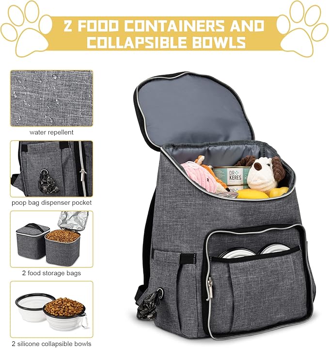 BAGLHER Travel Dog Backpack - Detachable Travel Dog Food Container for Pet Supplies Dog Gear Backpack,Dog Bag for Traveling with 2 Silicone Collapsible Bowls and 2 Food Baskets Grey