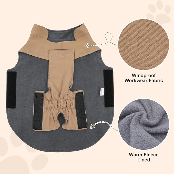 Workwear Style Dog Coats with Harness Built in for Small Dogs Windproof Warm Puppy Jacket with Storage Pockets for Cold Winter,LightBeige XL
