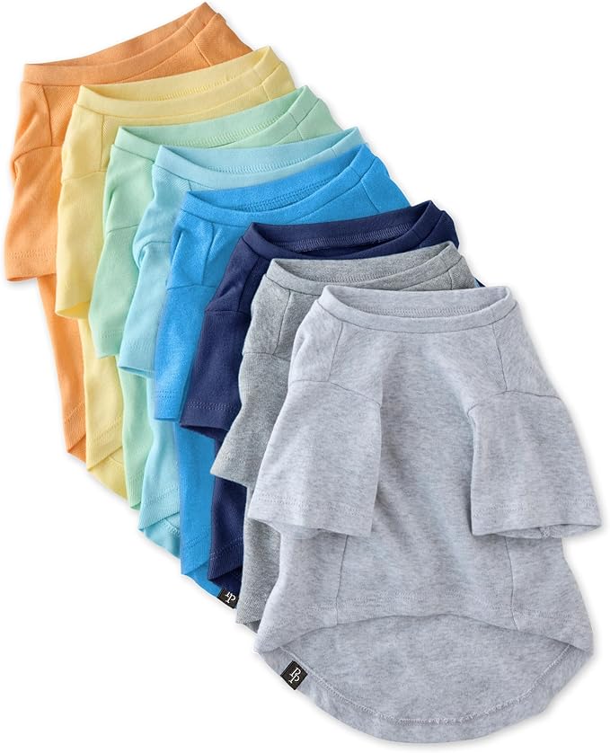 Toby II - The Perfect Tee, 8 Pack Short Sleeve Pet T-Shirt 100% Organic Cotton Tees Clothes for Small, Medium, Large Dogs, Rainbow Blue, XX-Small