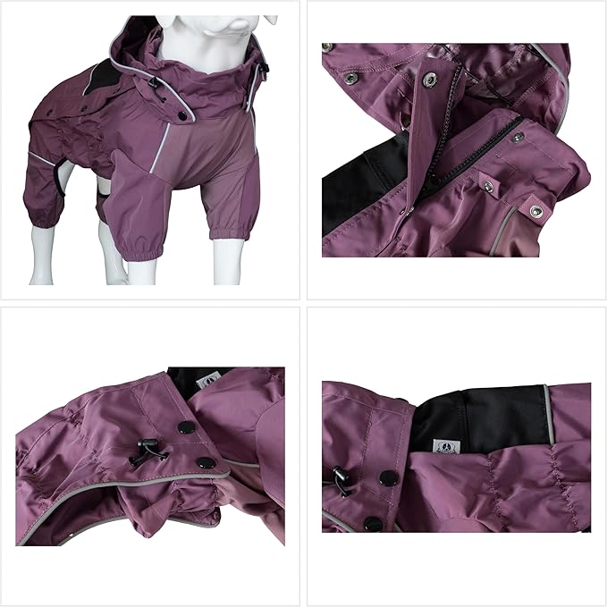 LOVELONGLONG Waterproof Dog Raincoat with Removable Hood – Outdoor Full Body Dog Jacket, Windproof Snowproof Shell Suit – All Season Pet Rain Gear Plum Purple 3XL