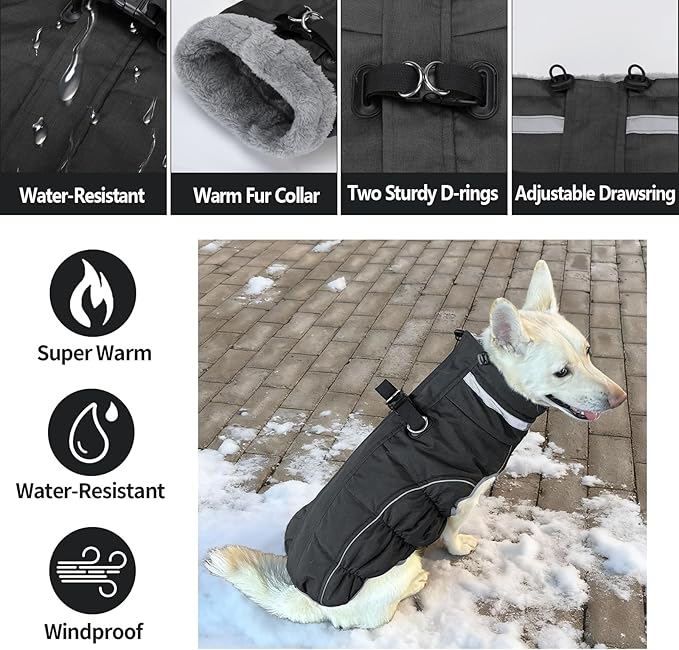 Malier Dog Coat, Reflective Dog Jacket Waterproof Windproof Puppy Cold Weather Coats with Harness Built in, Winter Extra Warm Pet Coat Fleece Vest for Small Large Pets and Puppy (Black, Medium)