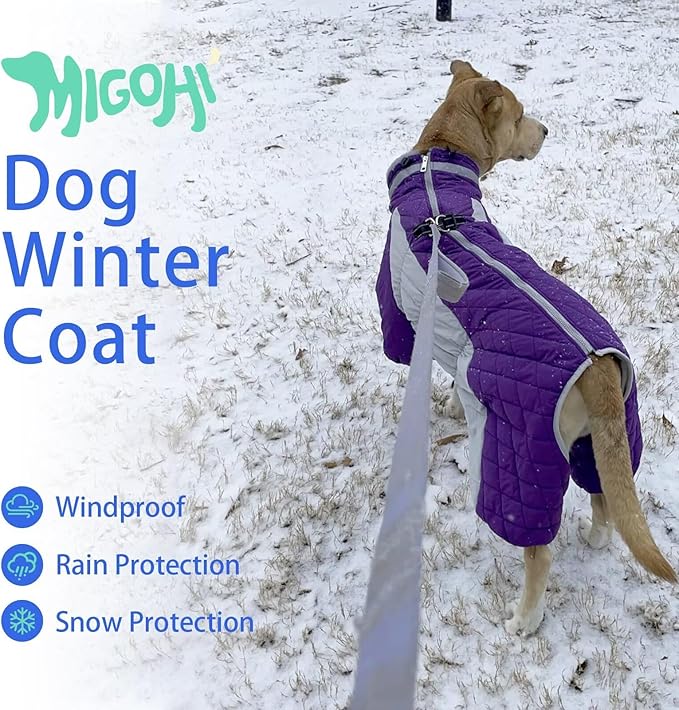 MIGOHI Full Body Dog Coat - Warm Reflective Winter Coat for Medium Dogs with Harness,Turtleneck Dog Fleece Jacket,Four-Leg Windproof Puffer Jackets Snowsuit with Zipper for Small Medium Large Dogs,L