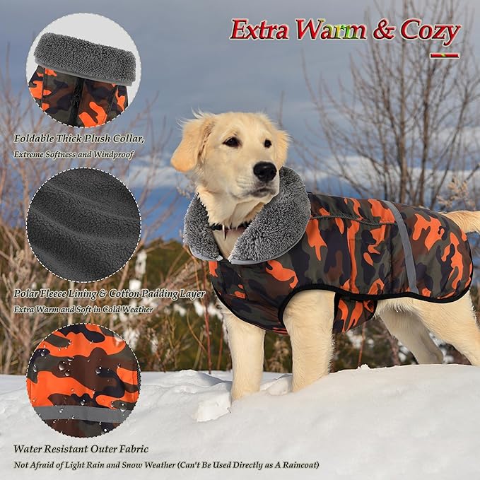 Dogcheer Warm Dog Coat, Waterproof Dog Jacket Christmas Puppy Winter Coat with Buckle, Reflective Adjustable Pet Snow Jacket Turtleneck Fleece Sweater for Small Medium Large Dogs - Orange Camo, 3XL