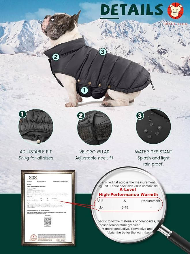 SPACE LION Dog Puffer Jacket, Down Winter Coat, Durable Outdoor Coat for Cold and Windy Conditions, Waterproof, Lightweight Jacket, Adjustable Fit for Small, Medium, Large Dogs(Black,16/XL)