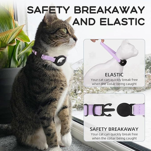 AirTag Cat Collars, Stretchy Collar with Apple AirTag Holder and Bell, Breakaway Ultra Design Elastic GPS Tracking Collars for Cats and Puppies, (7.5-12.5 Inch), Purple