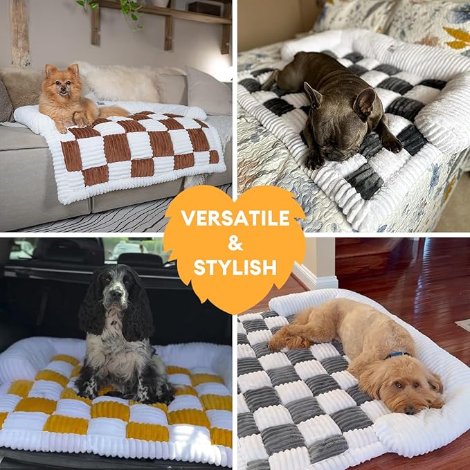 FUNNY FUZZY Couch Cover for Dogs, Loveseat Covers Bed for Large Dogs Cream Plaid Washable Pet Mat for Furniture Protector for Car Seat, X-Large, Black