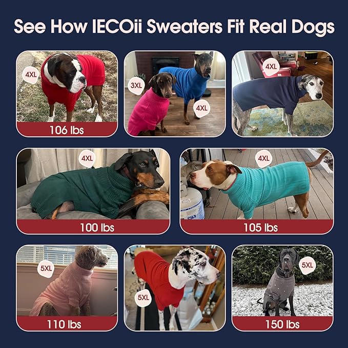 IECOii Great Dane Sweater,5XL Extra Large Sweater for Giant Breed Dogs in Winter,Turtleneck Cold Weather Knit Clothes,Machine Washable,Elastic Pullover for Saint Bernard,Mastiff (Grey,XXXXXL)