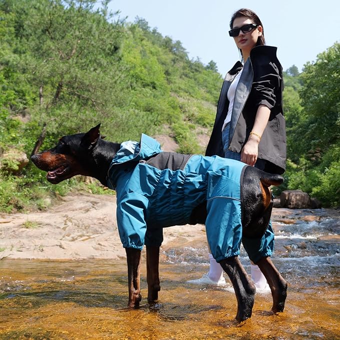 LOVELONGLONG Waterproof Dog Raincoat with Removable Hood – Outdoor Full Body Dog Jacket, Windproof Snowproof Shell Suit – All Season Pet Rain Gear Ocean Teal XXL