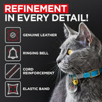 WAUDOG Ultra Soft Rolled Leather Cat Collar with Removable Bell, Safety Elastic Strap and QR ID Tag - Soft Padded for Small, Medium, and Large Cats - Round Kitten Collar for Male and Female Cats