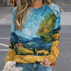 Long Sleeve Shirts for Women Cat Oil Painting Shirt 3D Graphic Sweatshirts Fall Pullover Crewneck Vintage Boho Tops