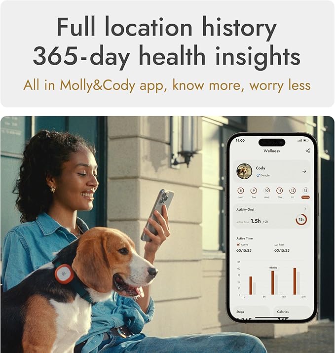 Molly&Cody GPS + Bluetooth Pet Tracker for Cats & Dogs – Real‑Time Tracking, Virtual Fence, IP67 Waterproof, Up to 60‑Day Battery, Health Monitoring, iOS/Android – 3‑Month Subscription Included(White)
