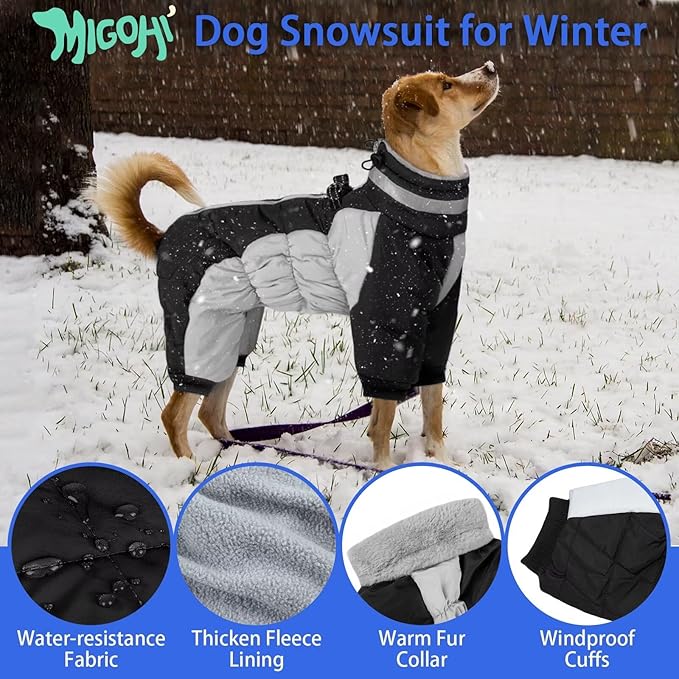 MIGOHI Full Body Dog Coat - Warm Reflective Large Dog Winter Coat with Harness,Turtleneck Fleece Jacket for Dogs,Four-Leg Windproof Puffer Jackets Snowsuit with Zipper for Small Medium Large Dogs,2XL