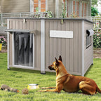 Outdoor Dog House Weatherproof, Wooden Puppy Shelter with Anti-Chewing Iron Frame and Elevated Floor, Sturdy Dog Kennel for Small, Medium & Large Dogs (Gray, 51" L x 29" W x 32" H)