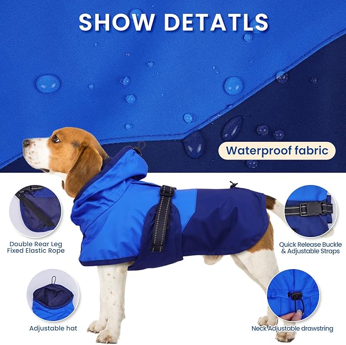 BRKURLEG Dog Raincoat Adjustable Dog Rain Jacket with Hood Dogs Waterproof Rainproof Jacket with Leash Hole Pet Poncho Rain Coat Poncho with Reflective Strip, Blue, XXL
