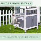 GEGURI Outdoor Cat House Weatherproof, Wooden Two-Story Feral Cat Shelter with, Escape Door, Balcony
