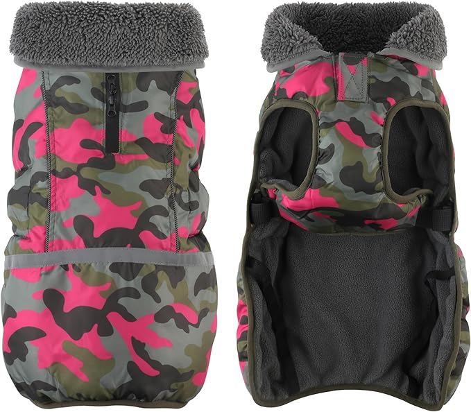 Dogcheer Warm Dog Coat, Waterproof Dog Jacket Reflective Adjustable Puppy Winter Coat with Buckle, Christmas Pet Snow Jacket Turtleneck Fleece Sweater for Small Medium Large Dogs - Camo Pink, 2XL