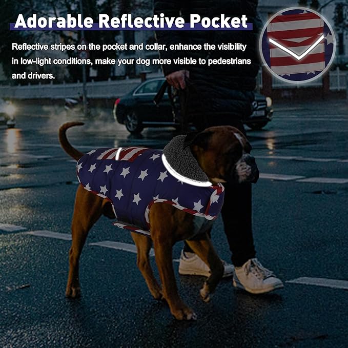Dog Coat, Waterproof Dog Winter Jacket with Pocket, Reflective Adjustable Pet Snow Vest, Warm Cozy Fleece Sweater for Small Medium Extra Large Dogs - American Flag, XL
