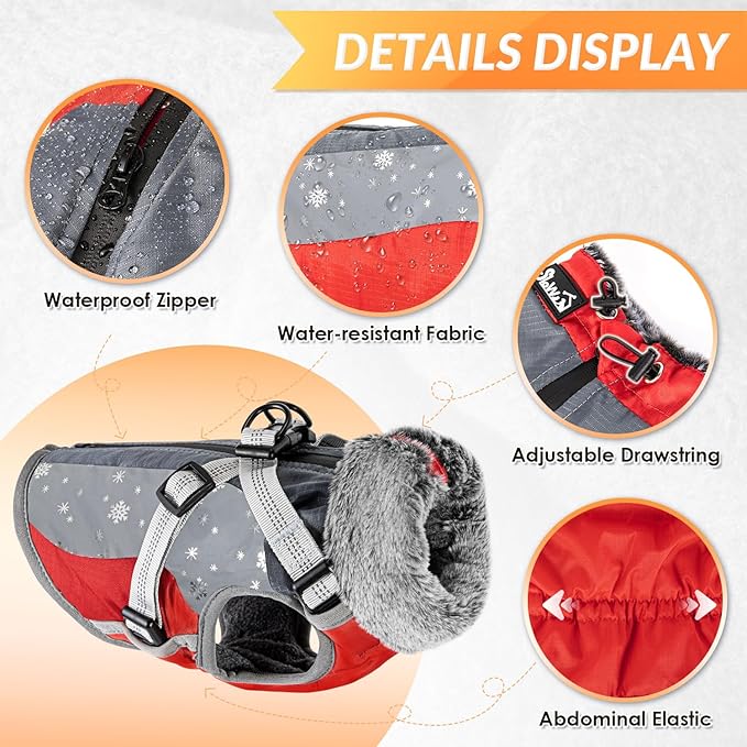 SlowTon Dog Jacket with Harness Built in - Waterproof Fleece Winter Warm Dog Coats for Small Medium Dogs, Reflective Adjustable Furry Puppy Vest Clothes for Outdoor Walking (Red & Black,XS)