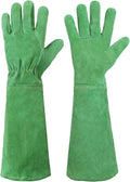 HANDLANDY Leather Gardening Gloves, Thorn Proof Long Gauntlet Heavy Duty Garden Gloves, Elbow Length Rose Pruning Weeding Yard Glove (X-Large, Green)