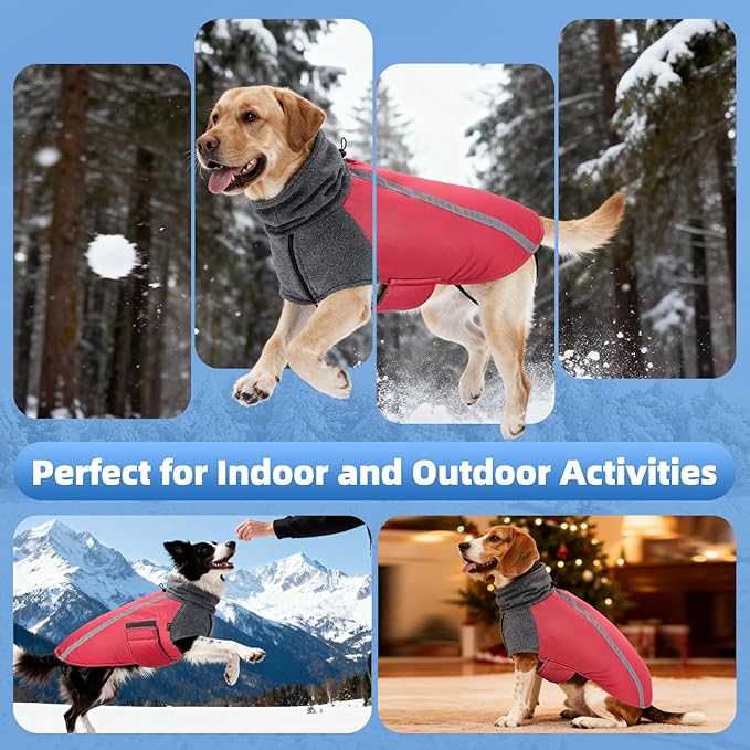 SlowTon Winter Dog Coat, Warm Polar Fleece Lining Doggie Outdoor Jacket with Turtleneck Scarf Reflective Stripe Adjustable Waterproof Windproof Puppy Vest Soft Pet Outfits (L+,Red)