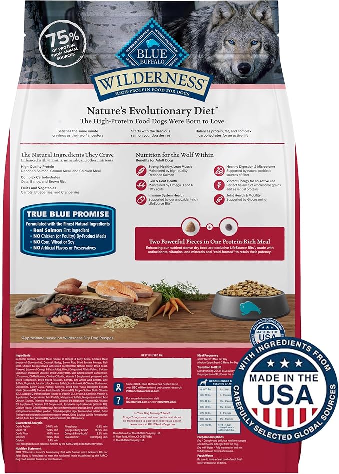 Blue Buffalo Wilderness High Protein Natural Adult Dry Dog Food plus Wholesome Grains, Salmon 13 lb bag