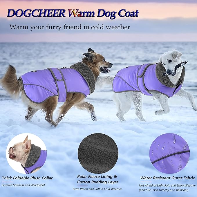 Dogcheer Dog Coat, Waterproof Dog Jacket Reflective Pet Winter Coat with Adjustable Hook & Loop, Christmas Puppy Fleece Jacket Warm Turtleneck Snowsuit for Small Medium Large Dogs - Taro Purple, M
