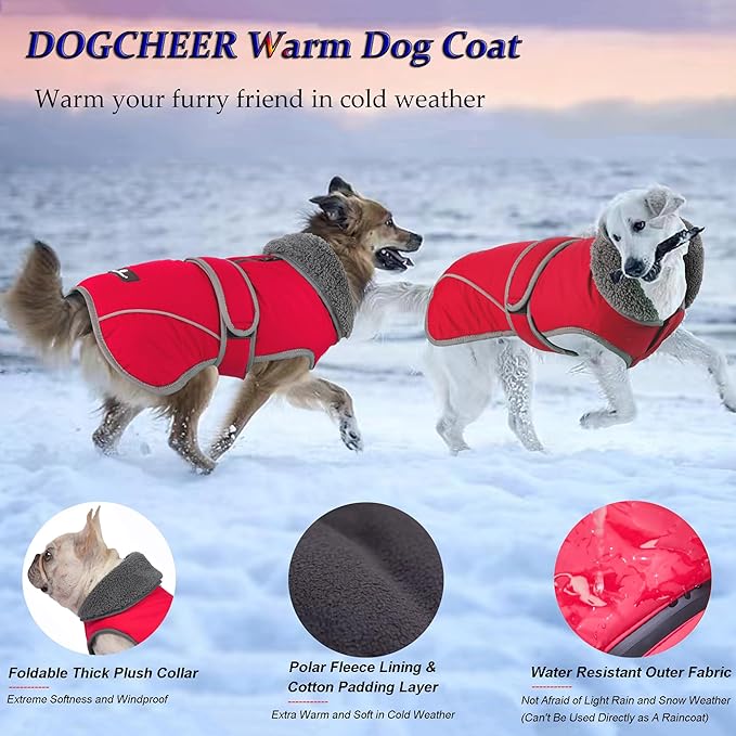 Dogcheer Dog Coat, Waterproof Dog Jacket Reflective Pet Winter Coat with Adjustable Hook & Loop, Christmas Puppy Fleece Jacket Warm Turtleneck Snowsuit for Small Medium Large Dogs - Red, M