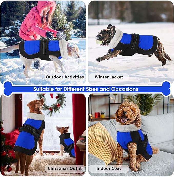 Dogcheer Waterproof Dog Coat, Christmas Dog Winter Jacket, Adjustable Puppy Fleece Coat for Cold Weather, Reflective Turtleneck Snow Jacket for Small Medium Large Dogs - Blue, S