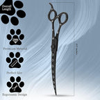 Professional Dog Grooming Scissors/Shears, Curved, with Paw Prints for Dogs, Cats & Pets (Right Handed, Black, Stainless Steel 8 Inch)