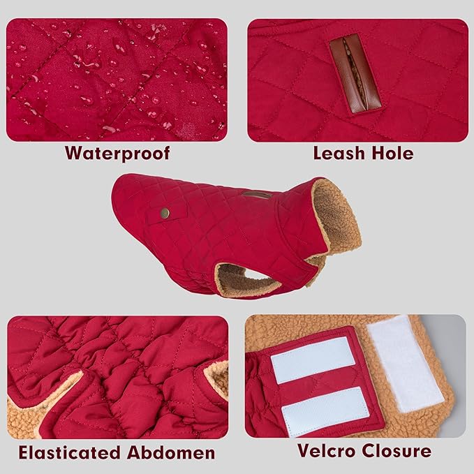 azuza Dog Jacket Waterproof & Windproof Dog Coat for Small Dogs with Thick Fleece, High Collar with Leash Hole, Adjustable Velcro & Elastic Belly, Red M