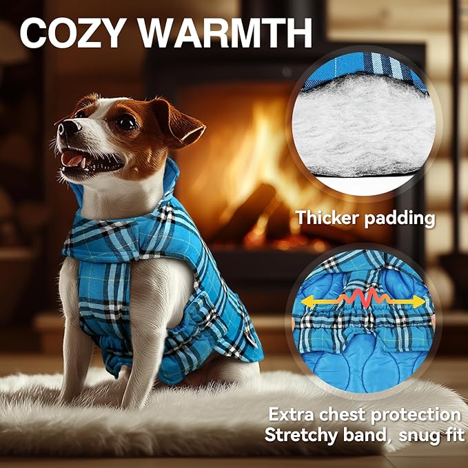 VIVAGLORY Softjoy Dog Coat, Dog Jacket for Winter & Christmas, Coat with Harness Hole & Velcro Closure, Reversible Plaid Checkered Warm Fluffy Heavy Duty for Puppy, XL, Blue
