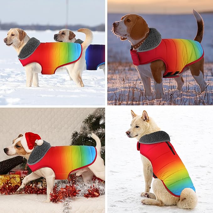 Dog Winter Coat, Waterproof Dog Jacket with Leash Hole, Reflective Adjustable Pet Snow Vest, Warm Fleece Sweater for Small Medium Large Dogs - Rainbow, 2XL
