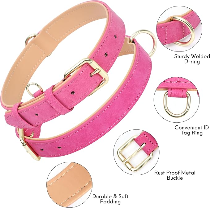 Leather Dog Collar for Small Medium Large Dogs, Soft Padded Dog Leather Collar with Heavy Duty Gold Buckle, Durable & Comfortable for Large Dogs Daily Walking (Hot Pink, L)