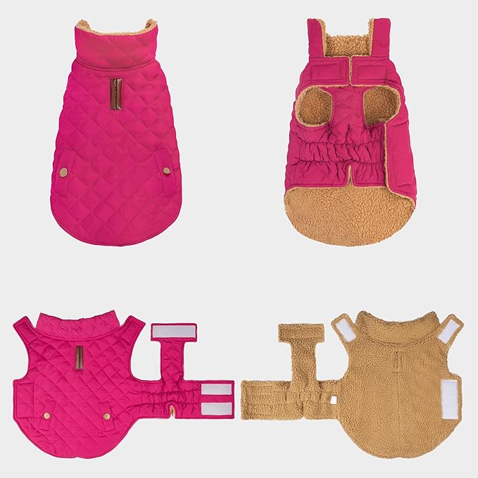 azuza Dog Jacket Waterproof & Windproof Dog Coat for Small Dogs with Thick Fleece, High Collar with Leash Hole, Adjustable Velcro & Elastic Belly, Rose Red, S