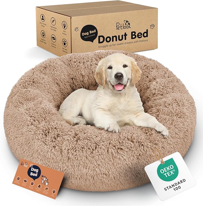 Donut Dog Bed - Premium Comfort for Anxiety Relief - Fluffy & Calming Design with Ultra-Plush Support | Cozy Round Dog Bed with Super Soft Circle Style (Size S Camel)