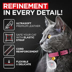 Leather Cat Collar with Bell and Safety Elastic Strap Breakaway Alternative for Small & Large Kittens, Stylish Pet Leather Collar for Boy, Girl Cats with Metal Buckle & QR ID Tag (Pink)
