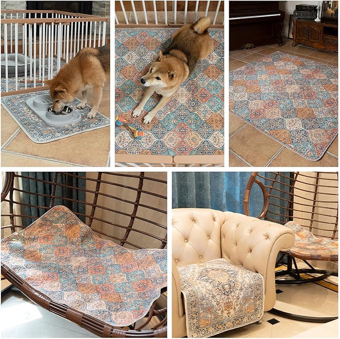 nunubaby 4PACK Washable Pee Pads for Dogs, Stylish, Non-Slip and Leak-Proof Pee Pads. Reusable Potty Pads for Dogs for Crates and Floors.(Blue/Multi, 24" x48" )