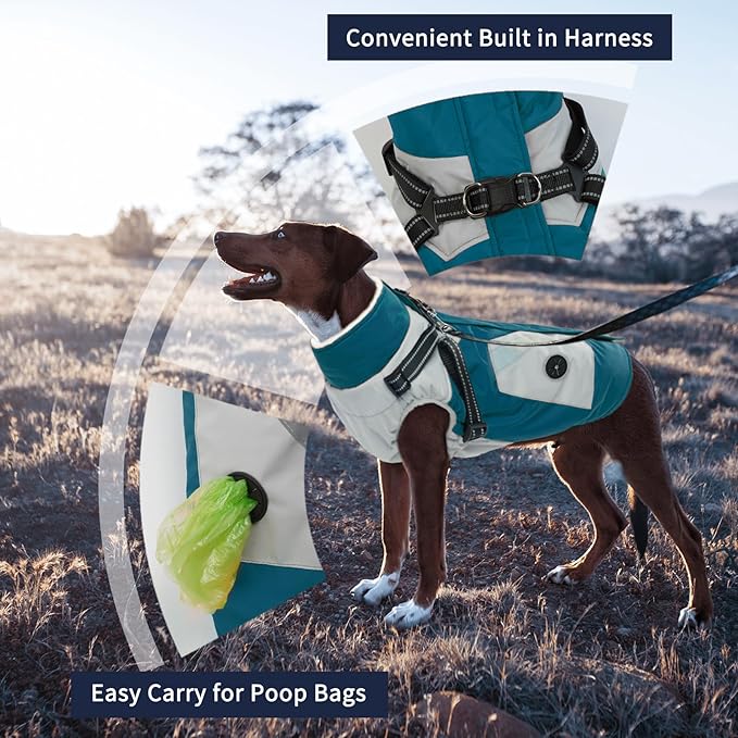 IECOii Large Dog Coat with Harness Built in Waterproof Windproof Dog Winter Coat, Fleece Lined Zip Snow Jacket for Dogs Thermal Outdoor Snowsuit Cold Weather Jackets Bulldog, Turquoise Green,L