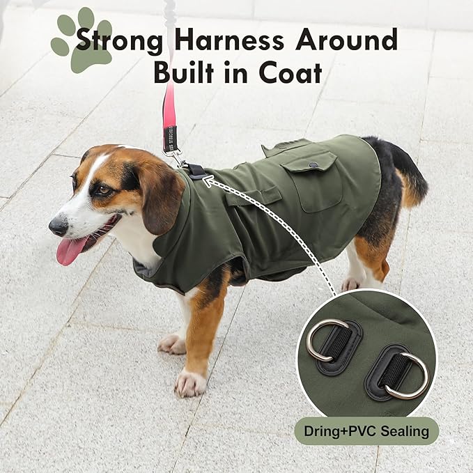 Workwear Style Dog Coats with Harness Built in for Small Dogs Windproof Warm Puppy Jacket with Storage Pockets for Cold Winter,Green XXL
