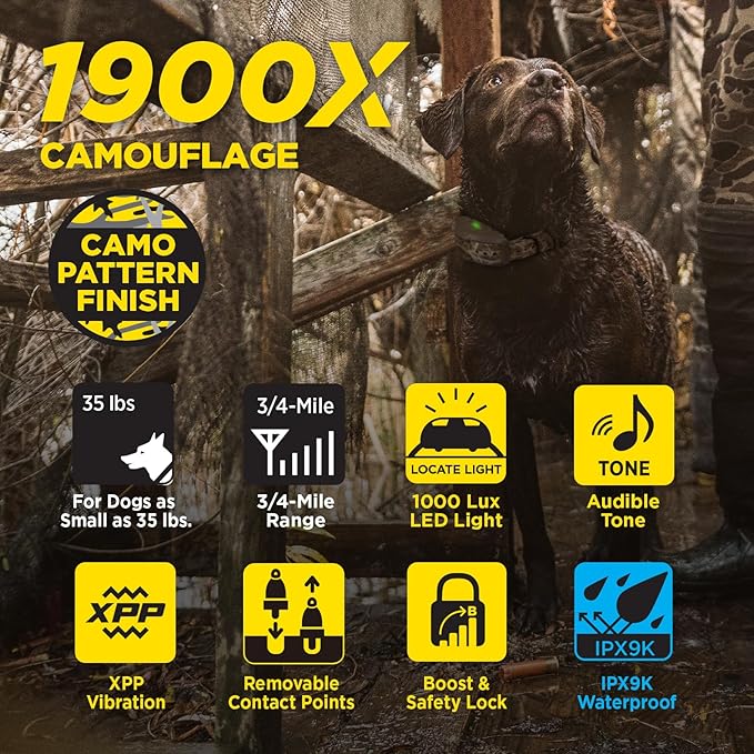 Dogtra 1900X Camouflage E-Collar - 3/4 Mile Range, Dogs 45 lbs+, IPX9K Waterproof, 100 Stimulation Levels, Vibration, Tone, Rechargeable - Ideal for Dog Owners and Professional Trainers