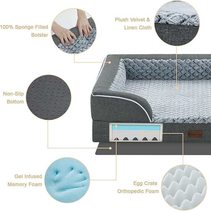 Orthopedic Dog Beds for Extra Large Sized Dogs, Waterproof Memory Foam XL Pet Bed with Sides 42x30Inch, Non-Slip and Egg-Crate Foam Big Dog Couch Bed with Removable Washable Cover, Dark Grey