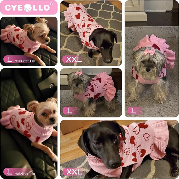 cyeollo Dog Sweater Dress Valentines Day Dog Clothes Pullover Turtleneck with Leash Hole Heart Pattern Holiday Theme Female Pet Apparel for Small Dogs