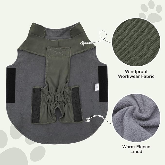 Workwear Style Dog Coats with Harness Built in for Small Dogs Windproof Warm Puppy Jacket with Storage Pockets for Cold Winter,Green M
