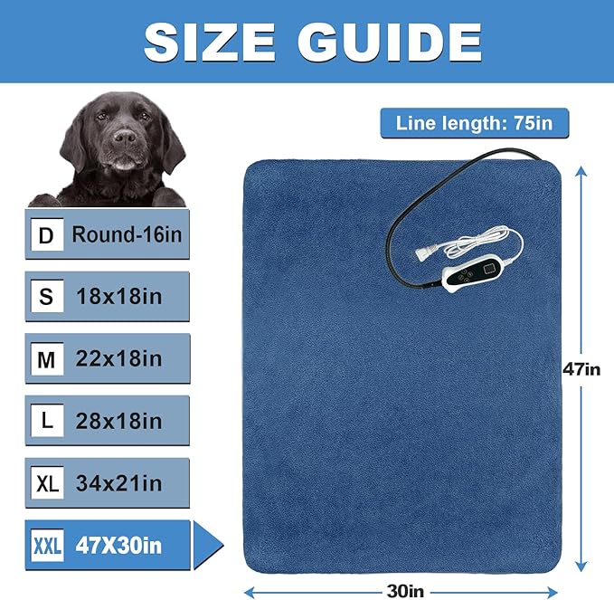 Bestio Extra Large Dog Heating pad,47×30 in Heated Dog Bed Adjustable Thermostat (1-24 Hours) and Chew Resistant Steel Cord with One Blue Plush Cover