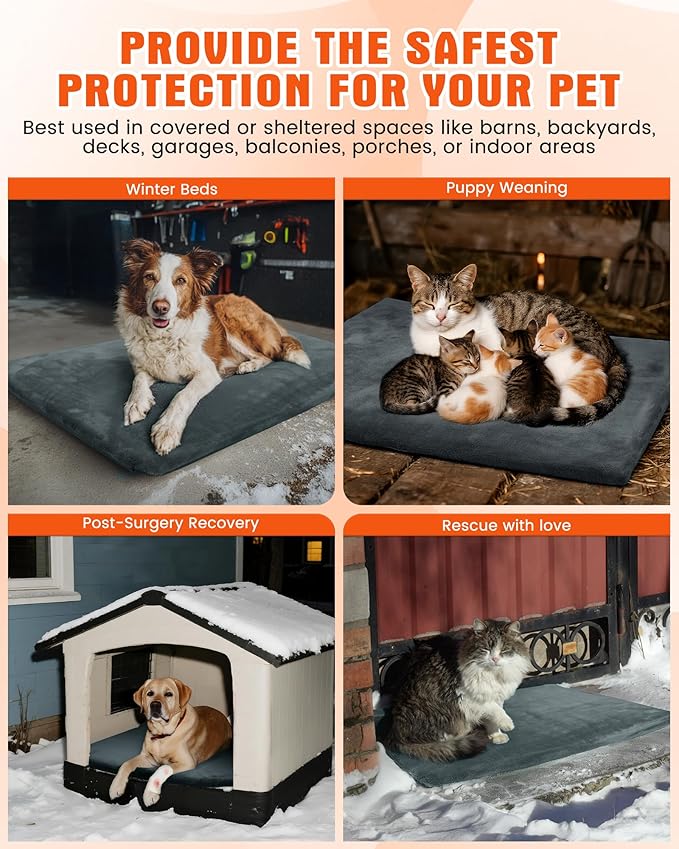 PETNF Outdoor Pet Heating Pad for Cats & Dogs, 100.4-107.6°F Auto Temp Control, Waterproof Fireproof, for Cat House/Dog Kennel/Carport, Fits Domestic & Stray Pets (Gray 15.7"X19.7")
