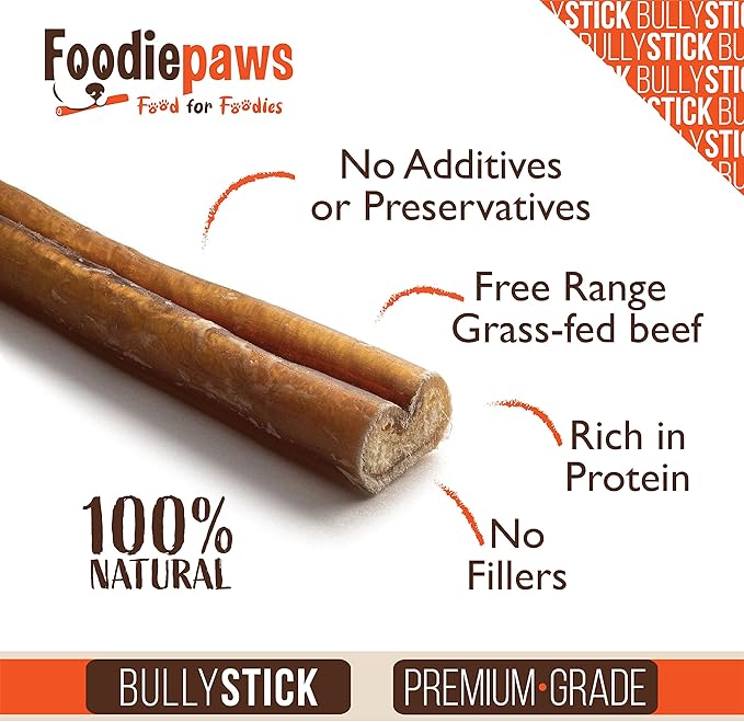 FOODIEPAWS 12 Inch Jumbo Bully Sticks for Dogs, 10 Pack Bulk | All Natural, Grass-Fed Beef | Rawhide-Free, Odor-Free, Fully Digestible & Long Lasting Dog Chews | for Large Breeds & Aggressive Chewers