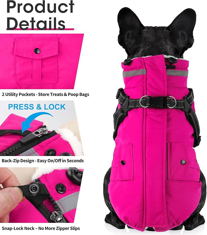 Dogcheer Dog Coat with Harness, Waterproof Warm Dog Winter Jacket with Pockets, Reflective Pet Fleece Jacket Turtleneck Snowsuit for Small Medium Large Dogs - Pink, XS